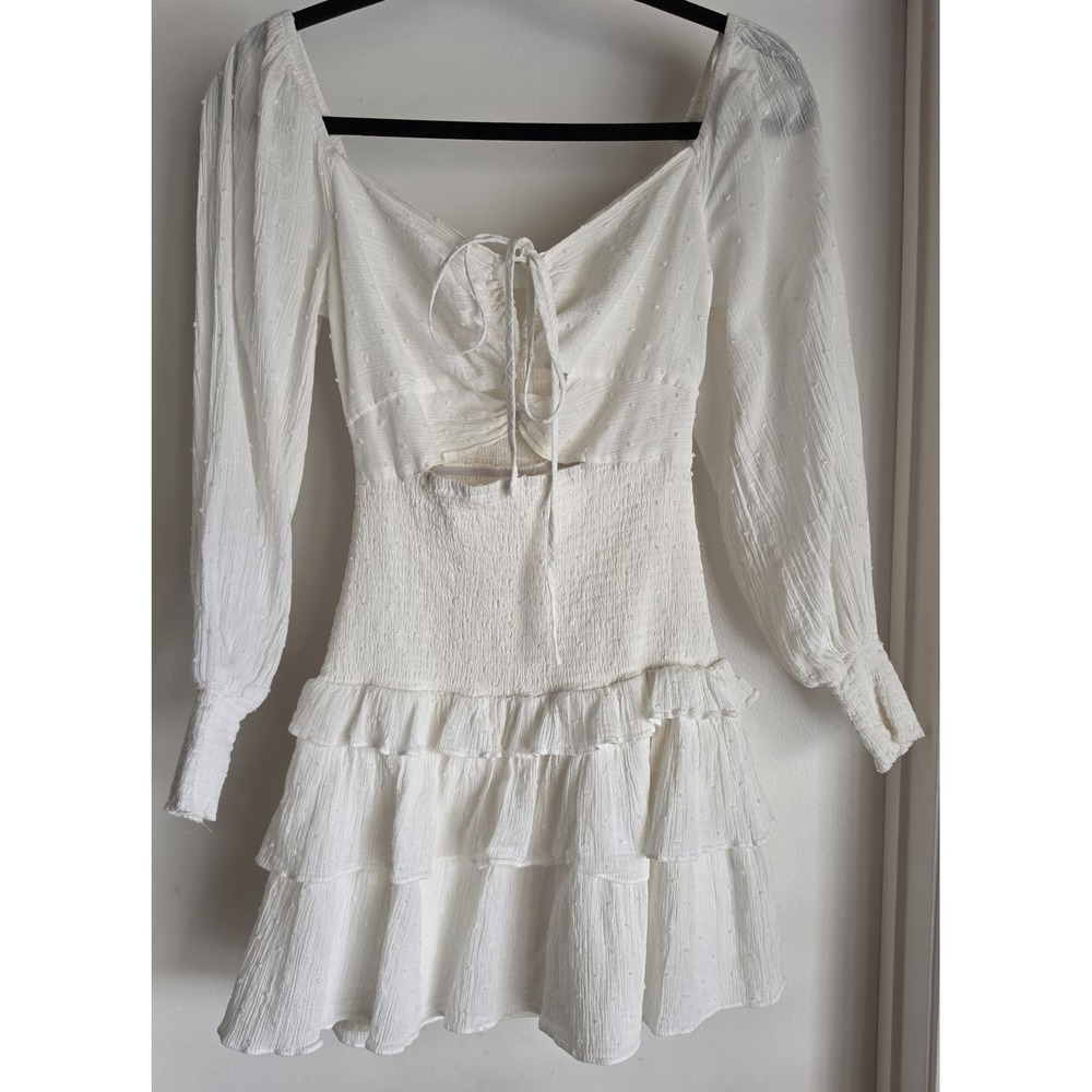 ASTR The Label White Swiss Dot Cotton Collared Mini Dress S Boho Coquete